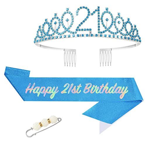 POPOYU 21. Fabulous Geburtstags-Krone Schärpe Set Blau Tiara Krone Geburtstags Krone für 21. Geburtstag Deko,Prinzessin Kronen Haar-Zusätze für Frauen Geburtstagsgeschenk Partyzubehör von POPOYU