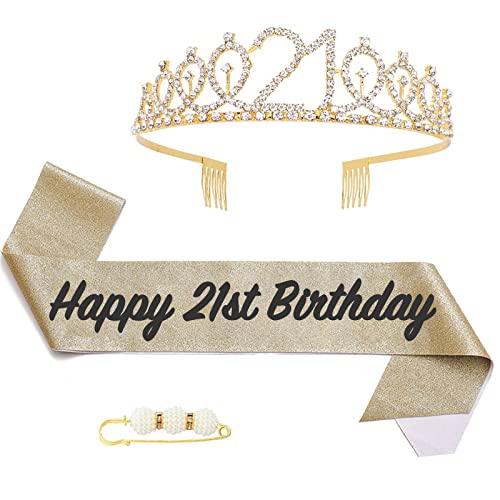 POPOYU 21. Fabulous Geburtstags-Krone Schärpe Set Gold Tiara Krone Geburtstags Krone für 21. Geburtstag Deko,Prinzessin Kronen Haar-Zusätze für Frauen Geburtstagsgeschenk Partyzubehör von POPOYU