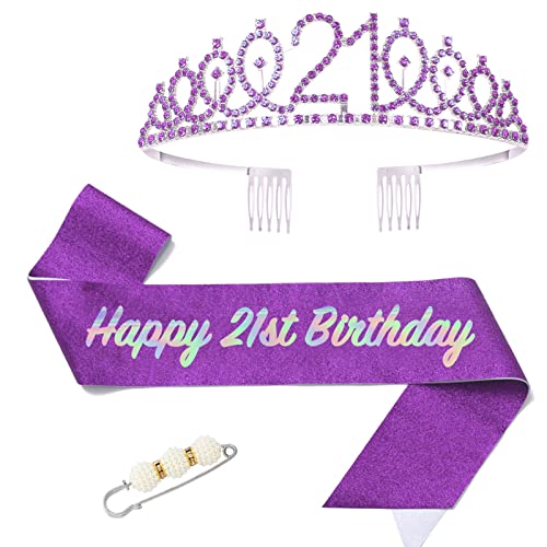 POPOYU 21. Fabulous Geburtstags-Krone Schärpe Set Lila Tiara Krone Geburtstags Krone für 21. Geburtstag Deko,Prinzessin Kronen Haar-Zusätze für Frauen Geburtstagsgeschenk Partyzubehör von POPOYU