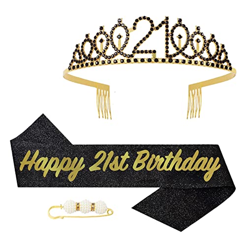 POPOYU 21. Fabulous Geburtstags-Krone Schärpe Set Schwarz Tiara Krone Geburtstags Krone für 21. Geburtstag Deko,Prinzessin Kronen Haar-Zusätze für Frauen Geburtstagsgeschenk Partyzubehör von POPOYU