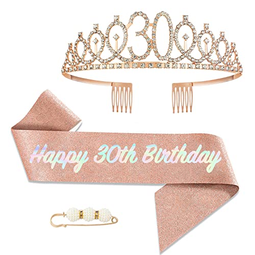 POPOYU 30. Fabulous Geburtstags-Krone Schärpe Set Roségold Tiara Krone Geburtstags Krone für 30. Geburtstag Deko,Prinzessin Kronen Haar-Zusätze für Frauen Geburtstagsgeschenk Partyzubehör von POPOYU