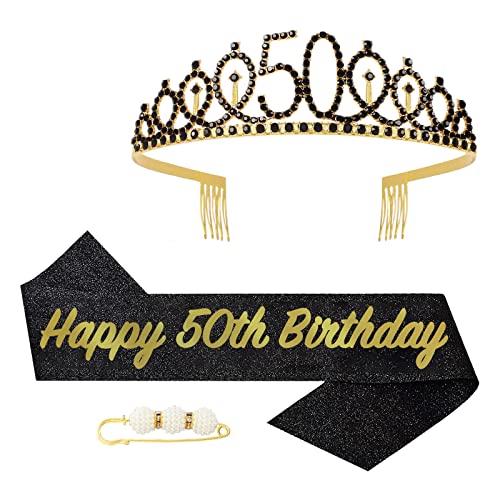 POPOYU 50. Fabulous Geburtstags-Krone Schärpe Set Schwarz Tiara Krone Geburtstags Krone für 50. Geburtstag Deko,Prinzessin Kronen Haar-Zusätze für Frauen Geburtstagsgeschenk Partyzubehör von POPOYU