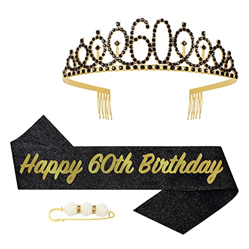 POPOYU 60. Fabulous Geburtstags-Krone Schärpe Set Schwarz Tiara Krone Geburtstags Krone für 60. Geburtstag Deko,Prinzessin Kronen Haar-Zusätze für Frauen Geburtstagsgeschenk Partyzubehör von POPOYU