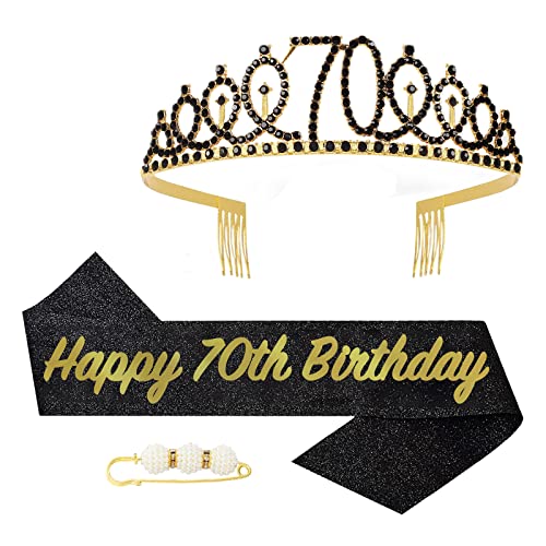 POPOYU 70. Fabulous Geburtstags-Krone Schärpe Set Schwarz Tiara Krone Geburtstags Krone für 70. Geburtstag Deko,Prinzessin Kronen Haar-Zusätze für Frauen Geburtstagsgeschenk Partyzubehör von POPOYU