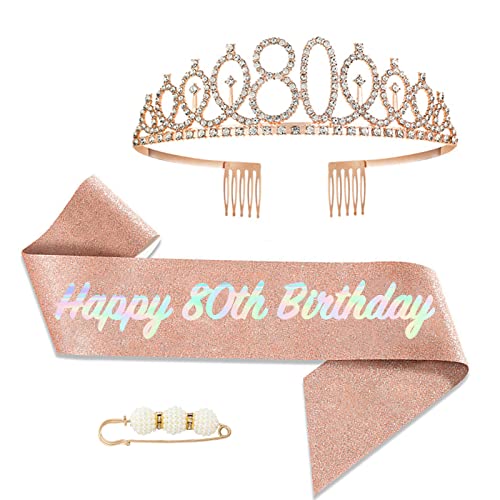 POPOYU 80. Fabulous Geburtstags-Krone Schärpe Set Roségold Tiara Krone Geburtstags Krone für 80. Geburtstag Deko,Prinzessin Kronen Haar-Zusätze für Frauen Geburtstagsgeschenk Partyzubehör von POPOYU