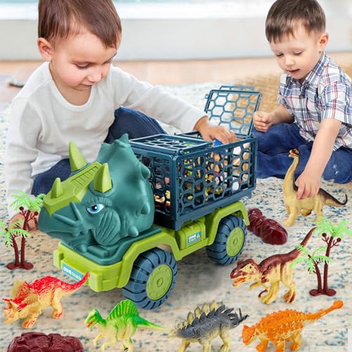 POPOYU Dinosaurier LKW Spielzeug für Kinder von 3–5 Jahren,Dinosaurier Spiel-Set Truck mit Triceratops-Transportauto,12 Dino-Figure,Capture Jurassic Dinosaur Play Set für Jungen und Mädchen von POPOYU