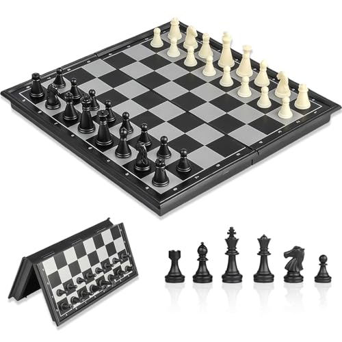 POPOYU Schachspiel, 2 in 1 Einklappbar Magnetisch Schachspiel Hochwertig, 25×25cm Schachbrett Schwarz/Weiß Hochwertig Mini Schach, Chess Board, Reiseschach Figuren für Kinder und Erwachsene von POPOYU