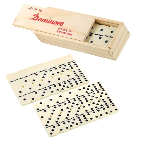 Domino Spiele Classic Line HolzBox mit 28 Dominos Doppel Spieleklassiker Spielsteinen Kunststoffteile, Bausätze für Kinder, Gesellschaftsspiel mit Dominosteinen ab 6 Jahren, Brettspiel für 2-4 Spieler von POPOYU