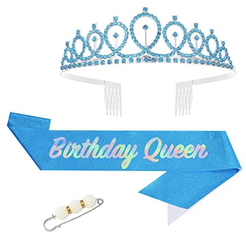 POPOYU Fabulous Geburtstags-Krone Schärpe Set Blau Tiara Krone Geburtstags Krone für.Geburtstag Deko,Prinzessin Kronen Haar-Zusätze für Frauen Geburtstagsgeschenk Partyzubehör von POPOYU