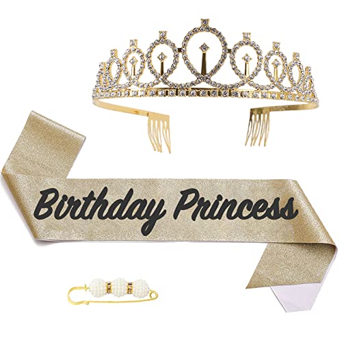 POPOYU Fabulous Geburtstags-Krone Schärpe Set Gold Tiara Krone Geburtstags Krone für.Geburtstag Deko,Prinzessin Kronen Haar-Zusätze für Frauen Geburtstagsgeschenk Partyzubehör von POPOYU