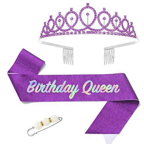 POPOYU Fabulous Geburtstags-Krone Schärpe Set Lila Tiara Krone Geburtstags Krone für.Geburtstag Deko,Prinzessin Kronen Haar-Zusätze für Frauen Geburtstagsgeschenk Partyzubehör von POPOYU