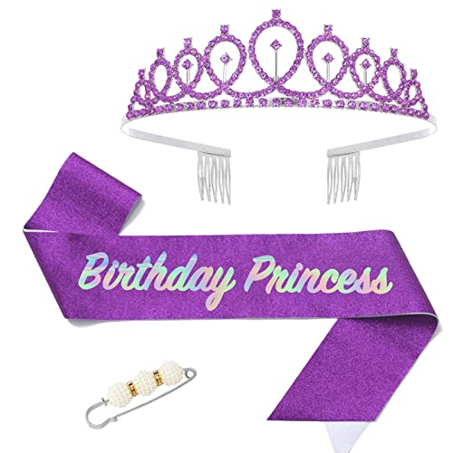 POPOYU Fabulous Geburtstags-Krone Schärpe Set Lila Tiara Krone Geburtstags Krone für.Geburtstag Deko,Prinzessin Kronen Haar-Zusätze für Frauen Geburtstagsgeschenk Partyzubehör von POPOYU