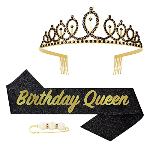 POPOYU Fabulous Geburtstags-Krone Schärpe Set Schwarz Tiara Krone Geburtstags Krone für.Geburtstag Deko,Prinzessin Kronen Haar-Zusätze für Frauen Geburtstagsgeschenk Partyzubehör von POPOYU