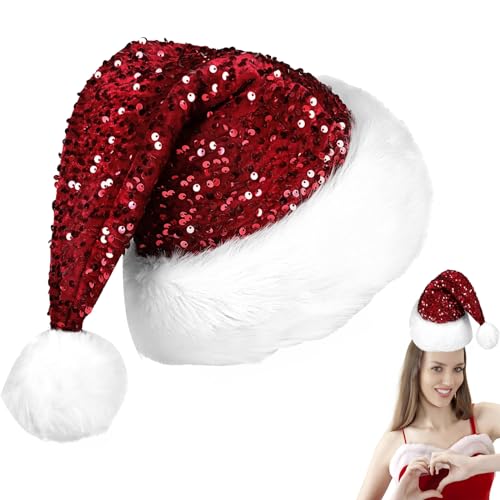 POPOYU Weihnachtsmütze mit Pailletten, rot, flauschige Weihnachtsmannmütze für die Weihnachtsfeier von POPOYU