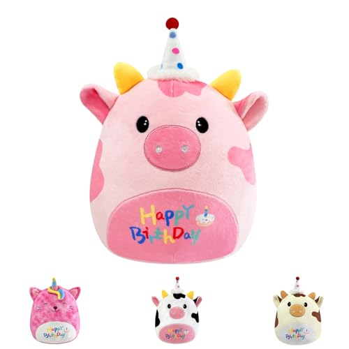 Rosa Happy Birthday Plüschtier, Geburtstag Kuscheltier Kuh, Stofftier Kawaii 20CM Einhorn Kuscheltier, Cartoon Plüschkissen Kinder Spielzeug Wurfkissen Geschenk Körperkissen für Jungen Mädchen Kuh von POPOYU