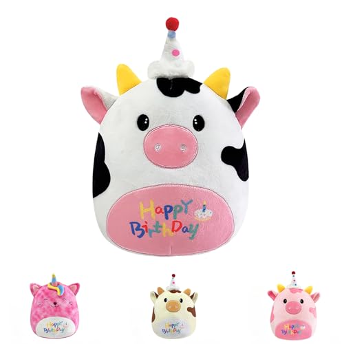 Schwarz Weiß Happy Birthday Plüschtier, Geburtstag Kuscheltier Kuh, Stofftier Kawaii 20CM Einhorn Kuscheltier, Cartoon Plüschkissen Kinder Spielzeug Wurfkissen Geschenk Körperkissen für Jungen Mädchen von POPOYU