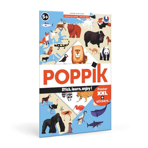 POPPIK 1841051 Sticker-Poster, Tiere der Welt, interaktives Lernposter mit Aufklebern, mehrsprachige Tierweltkarte, für Kinder ab 6 Jahren, 68 x 100 cm von POPPIK