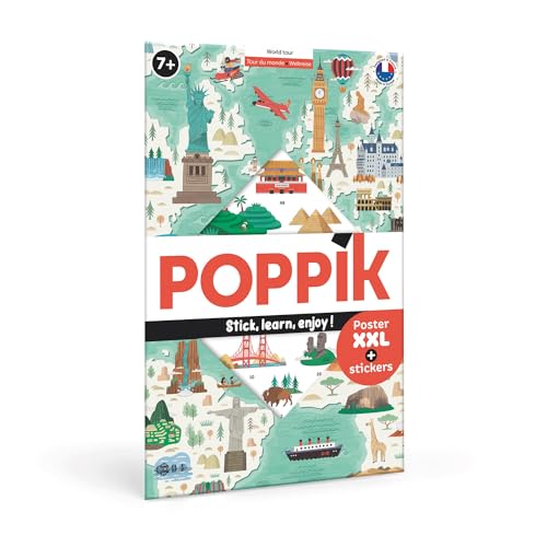 POPPIK 1841167 Sticker-Poster, Weltreise, interaktives Lernposter mit Aufklebern, mehrsprachige Weltkarte, für Kinder ab 7 Jahren, 68 x 100 cm von POPPIK