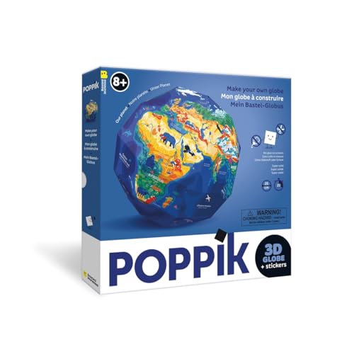 POPPIK 1841266 3D-Bastel-Globus, Unser Planet, interaktiver Lernglobus mit ablösbaren Aufklebern inkl. mehrsprachigem Begleitheft, Sticker-Set für Kinder ab 8 Jahren, 26 cm von POPPIK