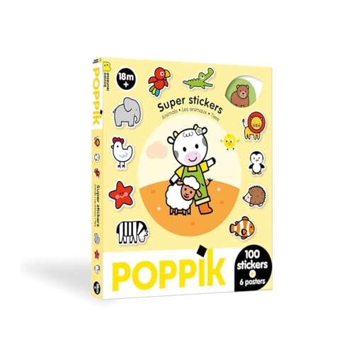 POPPIK 1841267 Sticker-Box, Tiere, 6 interaktive Themenposter mit ablösbaren Aufklebern, mehrsprachige Lernposter für Kinder ab 18 Monaten von POPPIK