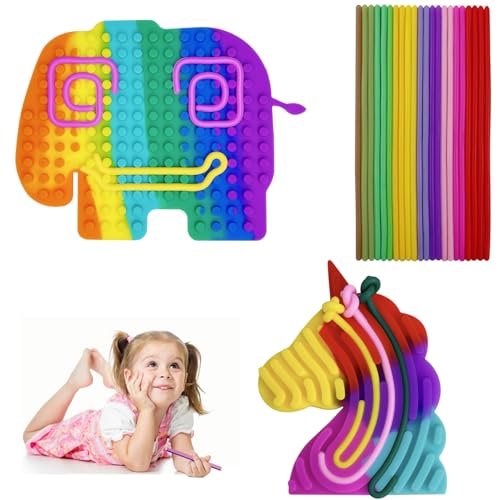 2 Stück Silikon Activity Spiel, Sensorik Spielzeug Activity Board, Farbig Sensory Activity Board Silicone Sensorisches Stress Aktivitätsbrett für Kinder Ab 3 Jahr Erwachsene (Elefant + Einhorn) von POPSKEETER