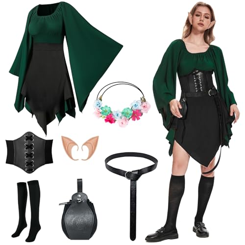 Mittelalter Kleidung Damen Irisches Kleid Dress Renaissance Elfen Cosplay Kostüm set 8pcs mit Elfenohren,Elfenkopfringe, Gürtel, Vintage-Taschen,Rockclips,Overknee Sockenund Ledergürtel.(Schwarz, L) Mittelalter Kleidung Damen Irisches Kleid Dress Renaissance Elfen Cosplay Kostüm set 8pcs mit Elfenohren,Elfenkopfringe, Gürtel, Vintage-Taschen,Rockclips,Overknee Sockenund Ledergürtel.(Schwarz, L) von PORJDN