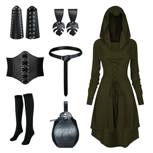 PORJDN Damen Mittelalterliches Kapuzenkleid Set Gothic Kleid Damen Halloween Robe Kapuzenkleid mit Gürtel,Retro Goldmünzenbeutel,Korsett,Overknee Socken,Armschützer,Schürzenklammer.(Grün, 3XL) von PORJDN