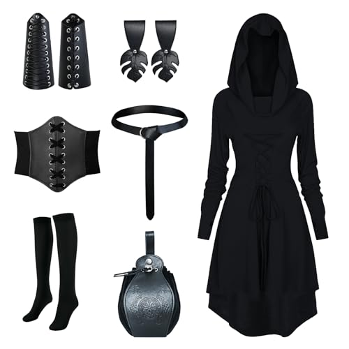 PORJDN Gothic Kleid Set Damen Mittelalter Kleidung Damen Halloween Robe Kapuzenkleid mit Gürtel,Retro Goldmünzenbeutel,Korsett,Overknee Socken,Armschützer,Schürzenklammer.(Schwarz, 3XL) von PORJDN