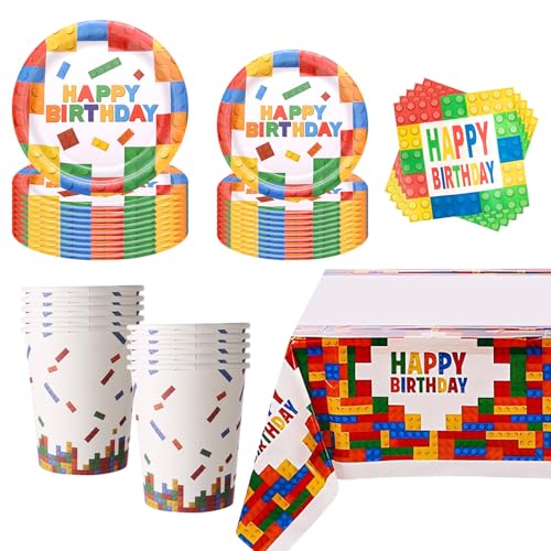 51 Stück Baustein Geburtstag Partygeschirr Set kindergeburtstag geschirr set mit Tischdecke Pappteller Becher Servietten für Junge Mädchen Geburtstagsdeko Party Dekoration von PORUPAEL