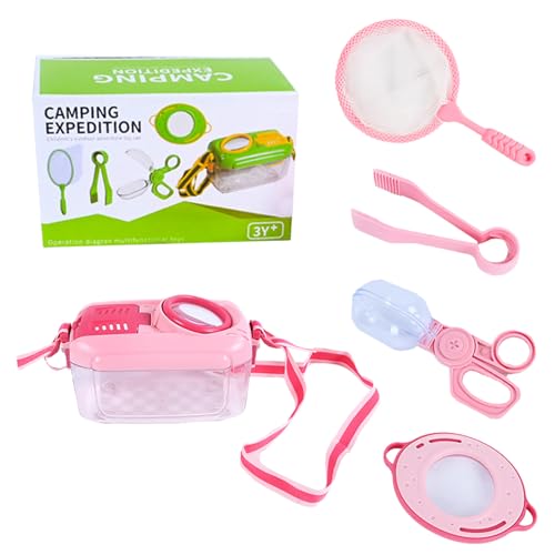 Forscherset für Kinder, 5-teiliges Entdecker Set Draussen Forscherset mit Insektenbeobachtungsbox, Schere, Netz, Pinzette, Lupe Outdoor Spielzeug Geschenk für Kinder Camping, Natur Erforschen (Rosa) von PORUPAEL