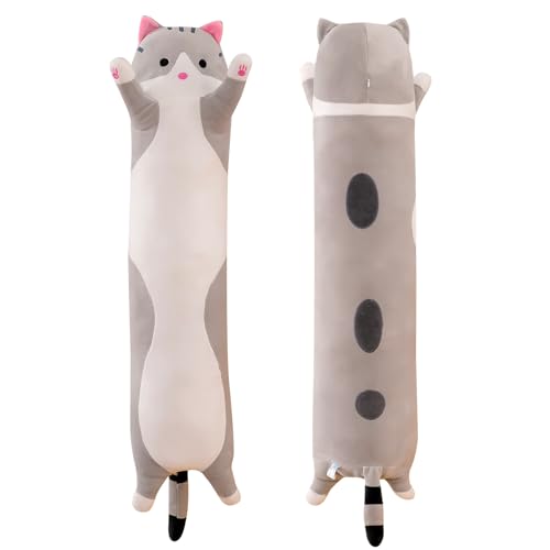 PORUPAEL 50cm Lange Katze Kuscheltier Stofftiere Katzen Plüsch Kisse Süße Kätzchen Plüschtier Schlafkissen,Weiche Lange Katze Kuschelkissen Kawaii große süße Cat Plüsch Sofakissen (Grau) von PORUPAEL