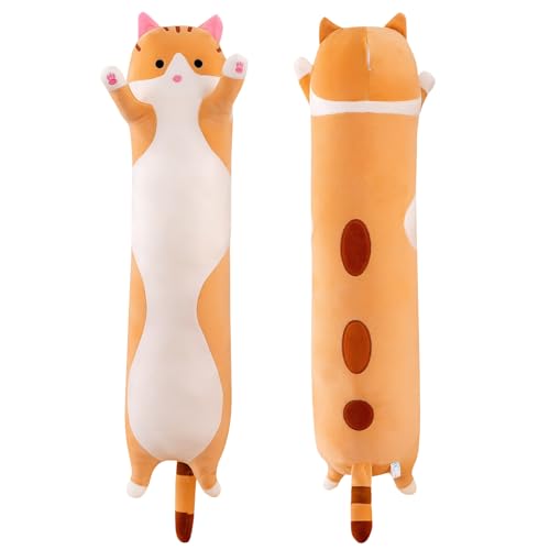 PORUPAEL 50cm Lange Katze Kuscheltier Stofftiere Katzen Plüsch Kisse Süße Kätzchen Plüschtier Schlafkissen,Weiche Lange Katze Kuschelkissen Kawaii große süße Cat Plüsch Sofakissen (Orange) von PORUPAEL