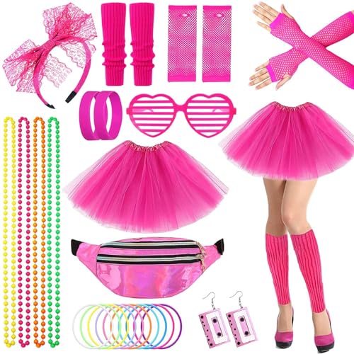 PORUPAEL 80er 90er Jahre Outfit Damen Set, 80er Jahre Outfit Damen Tutu, Beinwärmer, Armbänder, Halskette, Ohrring, Brille, 80er jahre Kostüm Zubehör Accessoires Set für Frauen Mädchen (Rosa) von PORUPAEL