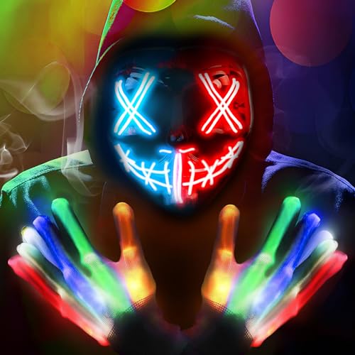 Halloween Maske LED Maske Leuchtende Handschuhe-Set, Mehrere Leuchtmodi The Maske, 3 Beleuchtungsmodi für Kostümspiele Cosplays Feste und Partys Geeignet für Erwachsene und Kinder von POWLYB