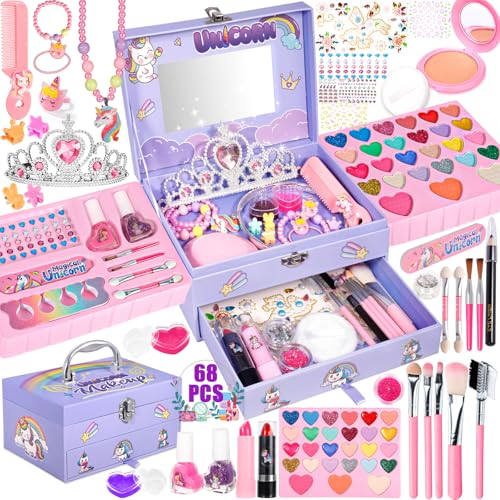 POWLYB Kinderschminke Schminkkoffer Mädchen Schminke Kinder - 68pcs Waschbar Schminke Kinder Make Up Set Mädchen Spielzeug Weihnachts Geburtstags Geschenke für Mädchen 4 5 6 7 8 9 10 11 12 Jahre von POWLYB