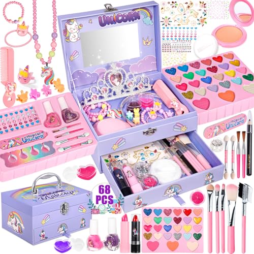 POWLYB Kinderschminke Schminkkoffer Mädchen Schminke Kinder - 68pcs Waschbar Schminke Kinder Make Up Set Mädchen Spielzeug Weihnachts Geburtstags Geschenke für Mädchen 4 5 6 7 8 9 10 11 12 Jahre von POWLYB