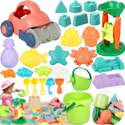 POWLYB 27 Stück Strand Sandspielzeug Set, Kinder Junge Mädchen Strandspielzeug mit Strandbuggy, Eimer, Netzbeutel, Sandformen, Weichem Kunststoff Spielzeug für Kinder 3 4 5 6 7 Jahre von POWLYB