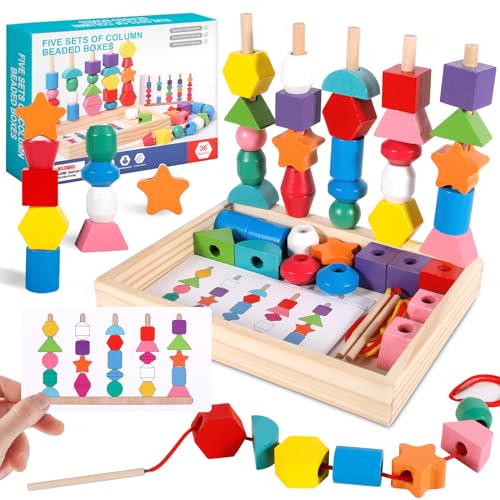 POWZOO 3-in-1 Spielzeug aus Holzschnürperlen,Fädelspiel,Stapelspielzeug,Sortierspiel,mit Karten und Aufbewahrungsbox,Montessori Spielzeug ab 2-5 Jahre,Lernspielzeug,Geschenke für Jungen und Mädchen. von POWZOO