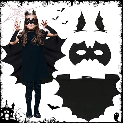 POWZOO Fledermaus Kostüm Kinder,Halloween Fledermauskostüm,Kostüm Fledermaus Set,Flügel Umhang+Fledermaus maske Fledermausflügel Haarspangen,für Halloween Cosplay,Party Maskerade für Kinder(130cm) von POWZOO