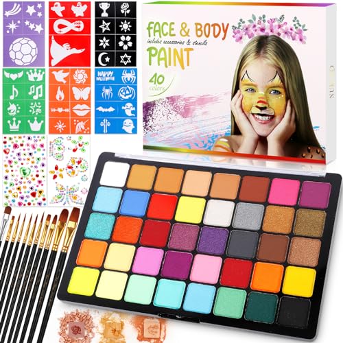 POWZOO 40 Farben Kinderschminke Set,Face Paint Body Paint für Kinder und Erwachsene,Gesichtsfarbe Kinderschminken Set,mit 41 Schablonen,11 Pinsel,2 Aufkleber,für Fasching Halloween Karneval. von POWZOO