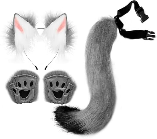 PPFINE Faux Ein Kunstpelz Wolf Schwanz Tail, Ohren und Handschuhe Set von PPFINE