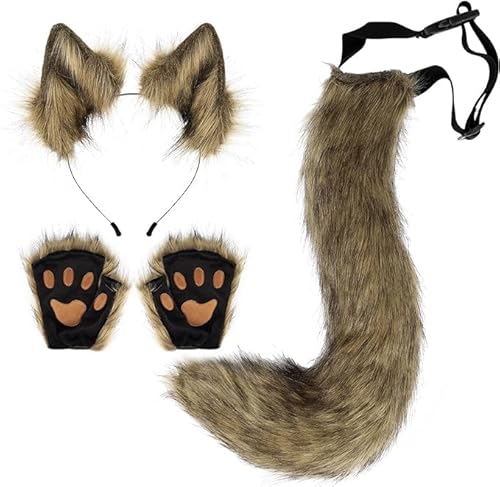 PPFINE Faux Ein Kunstpelz Wolf Schwanz Tail, Ohren und Handschuhe Set von PPFINE