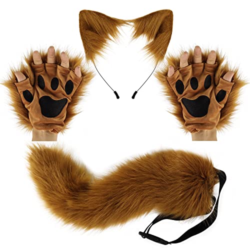 Wolf Fuchs Schwanz Clip Ohren und Handschuhe Set Halloween Weihnachten Fancy Party Kostüm Spielzeug Geschenk für Kinder oder Erwachsene (brown01) von PPFINE