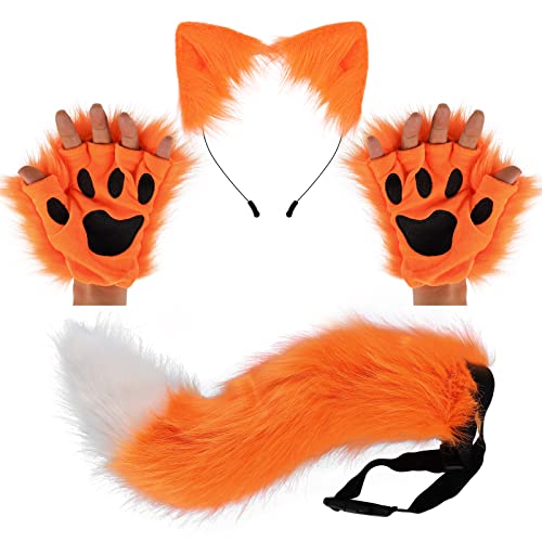 Wolf Fuchs Schwanz Clip Ohren und Handschuhe Set Halloween Weihnachten Fancy Party Kostüm Spielzeug Geschenk für Kinder oder Erwachsene (orange) von PPFINE