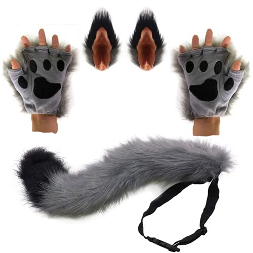 PPFINE Wolf Fuchs Schwanz Clip Ohren und Handschuhe Set Halloween Weihnachten Fancy Party Kostüm Spielzeug Geschenk für Kinder oder Erwachsene von PPFINE