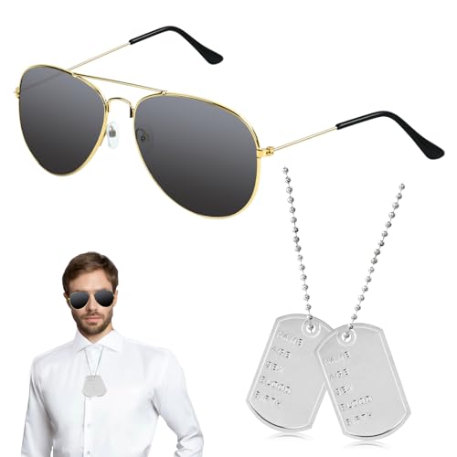 Flieger Captain Kostüm Set 2PCS Flieger Verkleidung Accessoires Sonnenbrille Fliegerbrille und Erkennungsmarke Kette Metall Hundemarke Halskette Tag Anhänger für Erwachsene Karneval Cosplay (Gold) von PPGGOPP