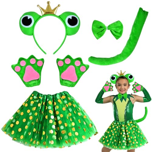 PPGGOPP Frosch Kostüm, 5PCS Froschkostüm für Erwachsene Kinder, Frosch Haarreif Handschuhe Fliege Schwanz und Tutu, Frosch Kostüm Accessoires für Karneval Maskerade Cosplay, Mädchen Geschenk von PPGGOPP