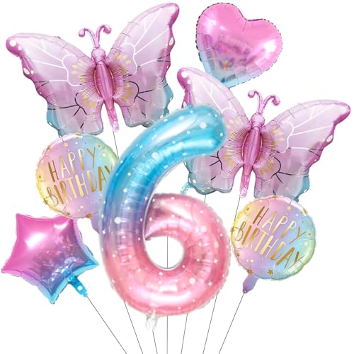 6 Schmetterling Geburtstag Deko Mädchen,Bunt Schmetterlinge Folienballon 6,Schmetterlinge Deko 6 Geburtstag Mädchen,Schmetterling Folienballon 6 Jahre,Geburtstagsdeko für 6. Geburtstag Mädchen Deko von PPGGOPP