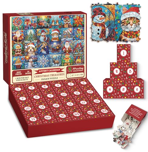 Adventskalender 2024 Weihnachtspuzzle für Erwachsene 1000 Teile, Buntglaspuzzle Weihnachten Countdown Kalender 24 Tage Puzzles, Lustige Mosaik Weihnachtsmann Weihnachten Hund Urlaub Puzzles von PPuzzling