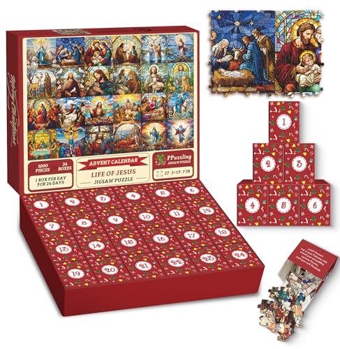 Adventskalender 2024 Weihnachtspuzzle für Erwachsene 1000 Teile, Weihnachten Buntglas Leben Jesu Puzzles, 24 Tage Weihnachten Countdown Kalender Winter Puzzle als Weihnachtsdekoration von PPuzzling